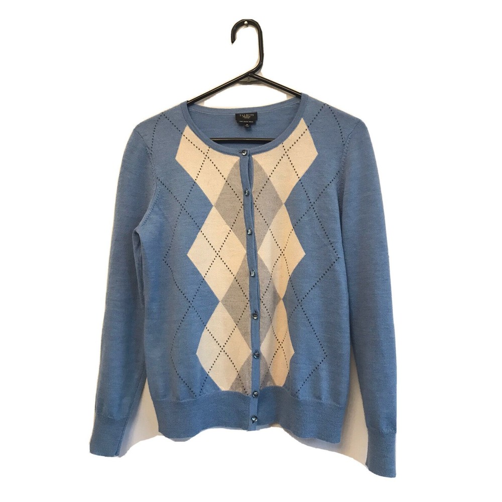 TALBOTS BLUE  100% Italian MERINO WOOL CARDIGAN SIZE Med Petite Gem Buttons Y2K